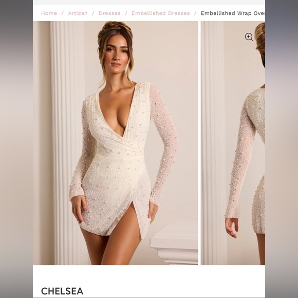 Oh polly. Embellished Wrap Over A-Line Mini Dress in Ivory - 4 - Picture 1 of 6